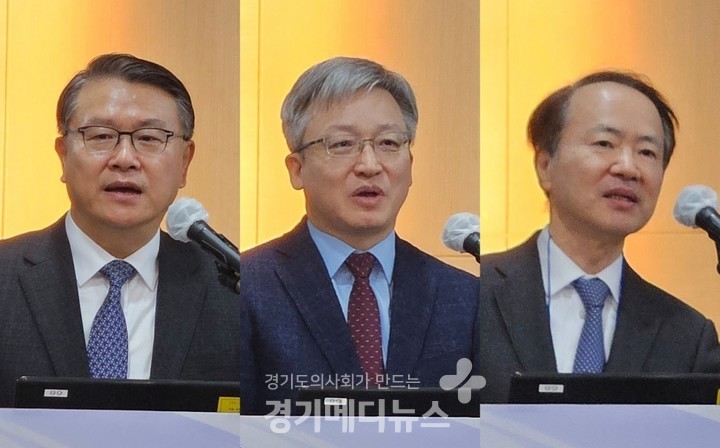 사진 왼쪽부터 김영태 이사장, 이재영 회장, 강중구 회장이 축사와 환영사를 하고 있다. ©경기메디뉴스